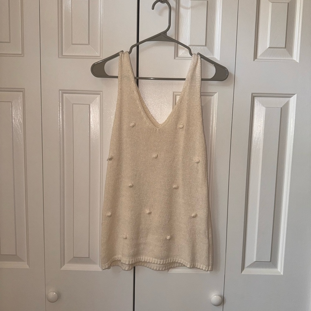 Cream Knit Tank Top with Pom Pom Details